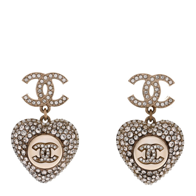 Pearl Crystal CC Heart Drop Earrings Gold White Hover Image
