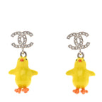 Metal Resin Strass Crystal CC Baby Chick Pendant Earrings Silver Yellow Orange