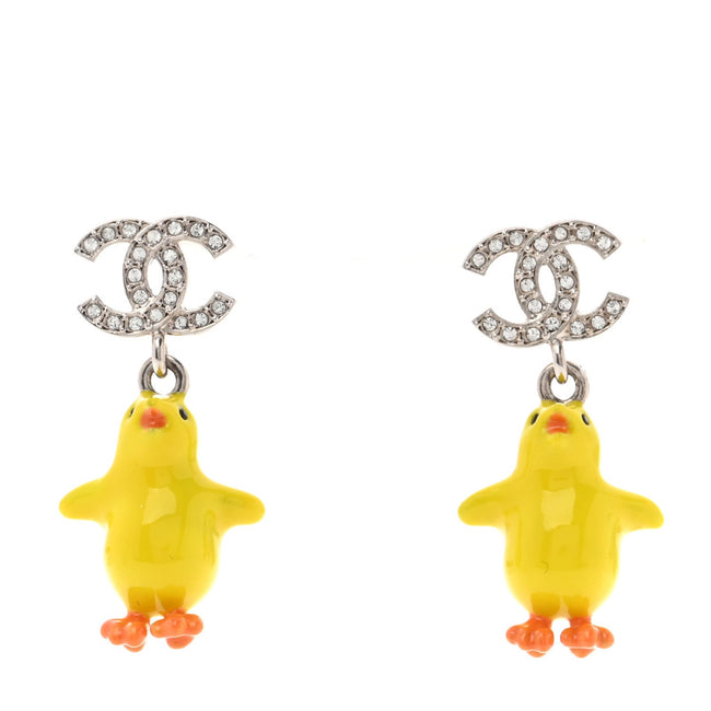 Metal Resin Strass Crystal CC Baby Chick Pendant Earrings Silver Yellow Orange Hover Image