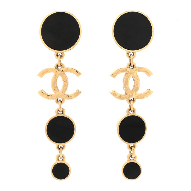 Metal Resin Disc CC Long Drop Earrings Gold Black Hover Image