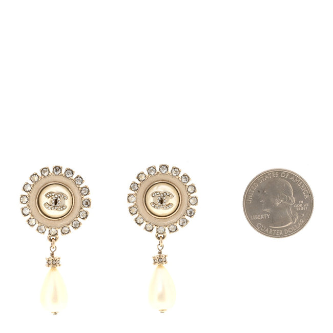 Crystal Pearl Enamel CC Drop Earrings Gold White Main Image