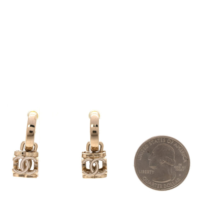 Enamel CC Cube Drop Earrings Gold White Main Image