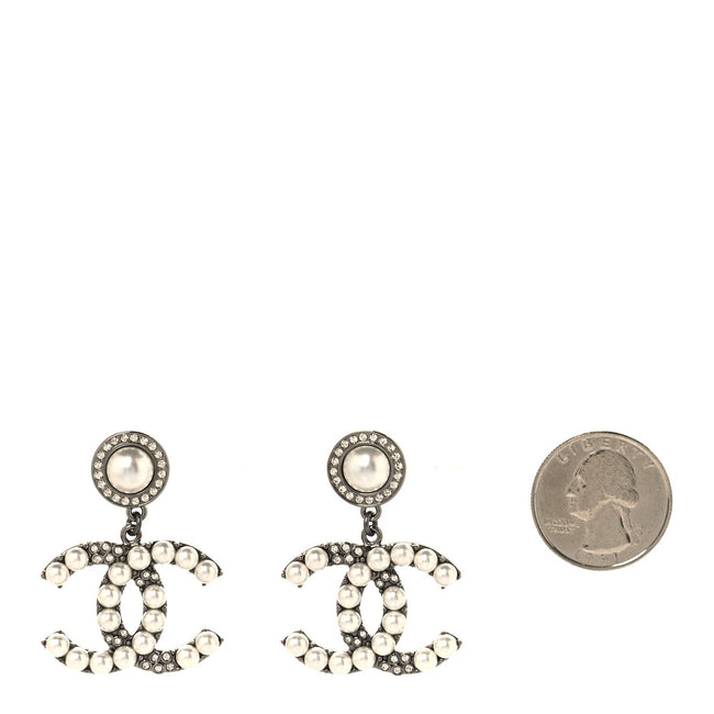 Pearl Crystal CC Drop Earrings Silver Main Image