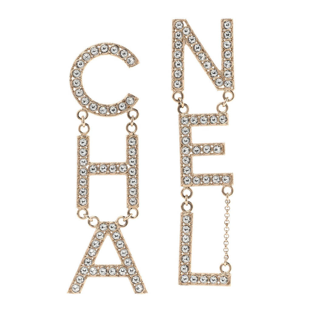 Crystal Cha-Nel Logo Drop Earrings Gold
