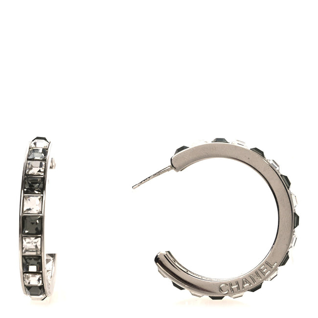 Baguette Crystal CC Hoop Earrings Silver Hover Image