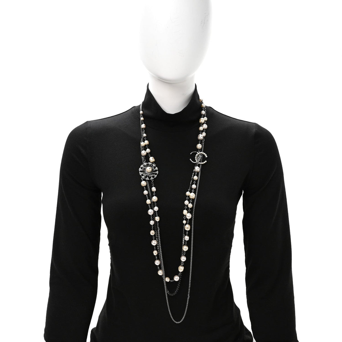 Glass Pearl Crystal CC Leaf Multi Strand Long Necklace Ruthenium