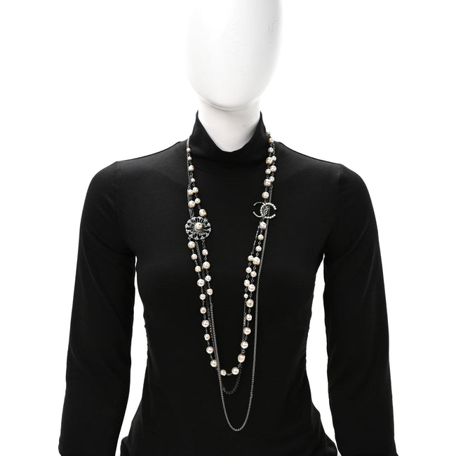 Glass Pearl Crystal CC Leaf Multi Strand Long Necklace Ruthenium Main Image