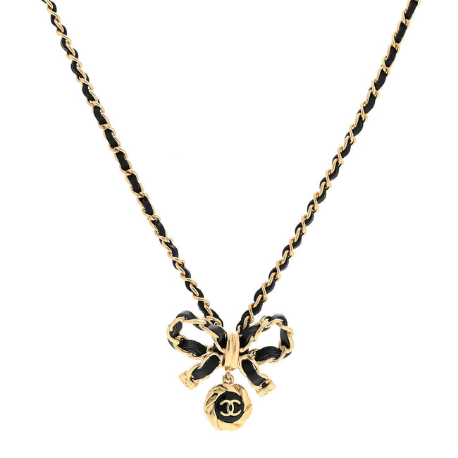 Metal Lambskin Chain CC Bow Necklace Black Gold Hover Image