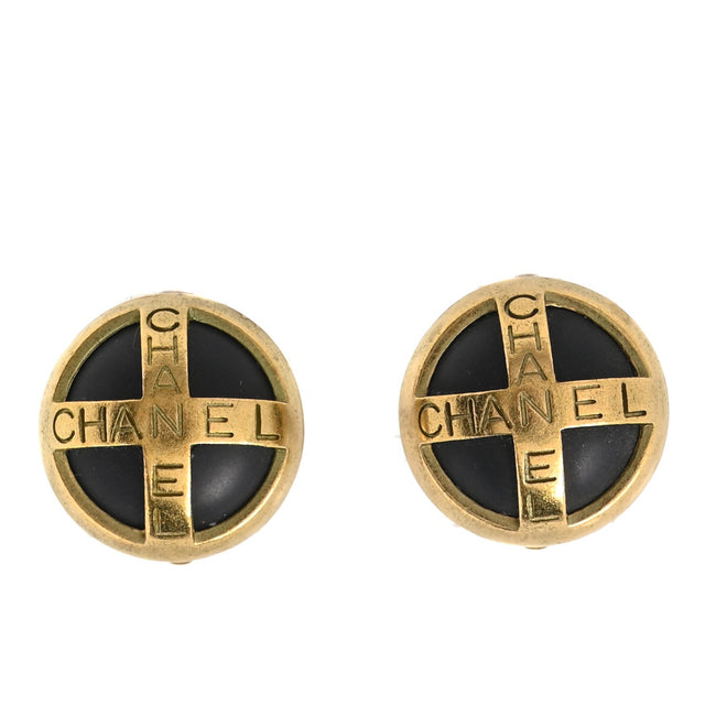 Enamel CC Logo Round Clip On Earrings Black Gold Hover Image