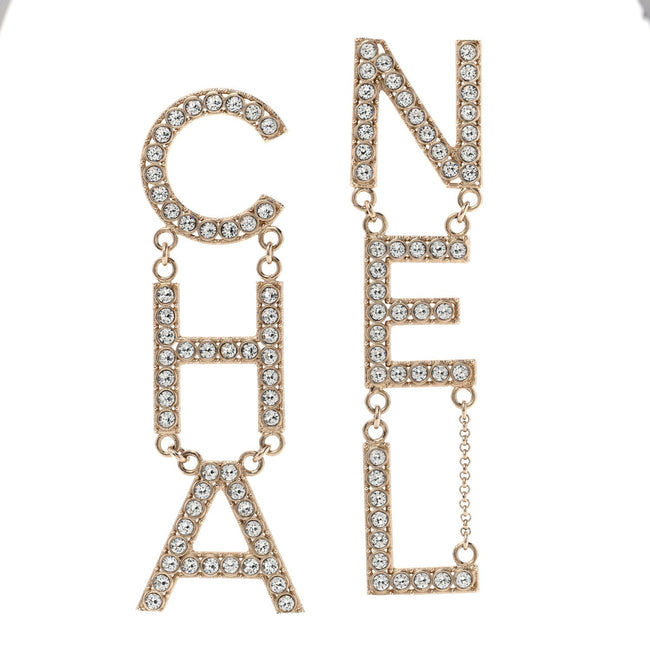 Crystal Cha-Nel Logo Drop Earrings Gold Hover Image