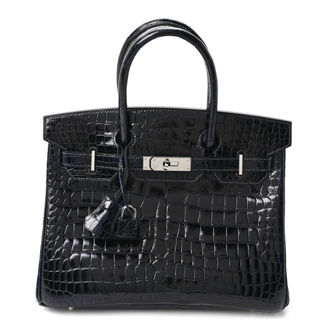 Shiny Porosus Crocodile Birkin 30 Bleu Marine Hover Image