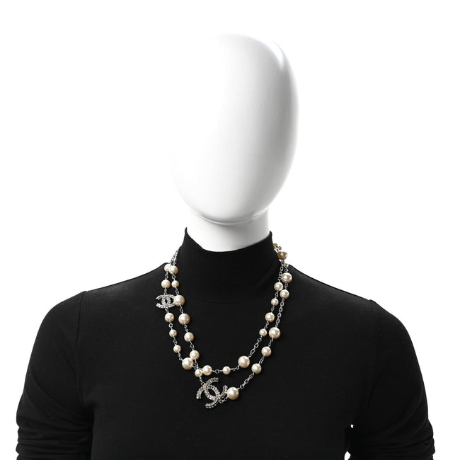 Graduated Pearl Crystal CC Long Necklace Silver Main Image