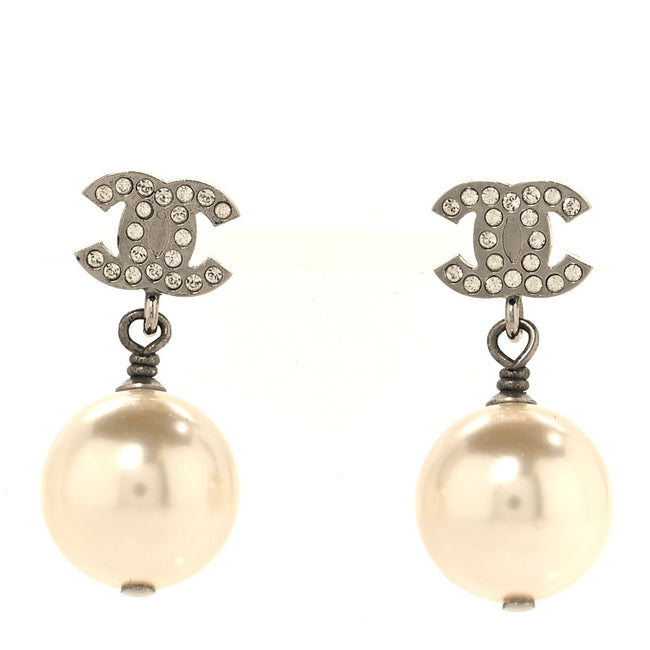 Crystal Pearl CC Drop Earrings Silver Pearly White Hover Image