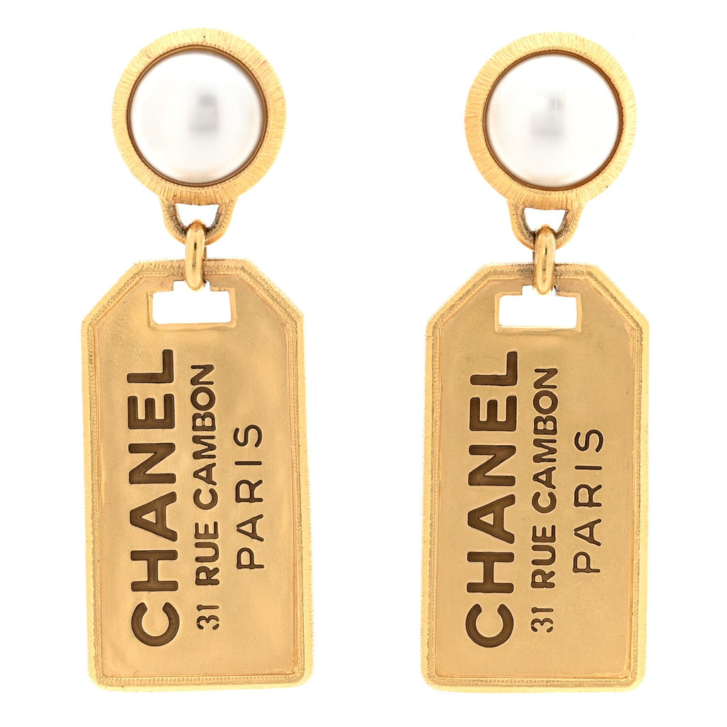 Pearl CC Tags Drop Earrings Gold