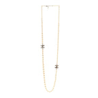 Pearl Baguette Crystal Long CC Necklace Gold