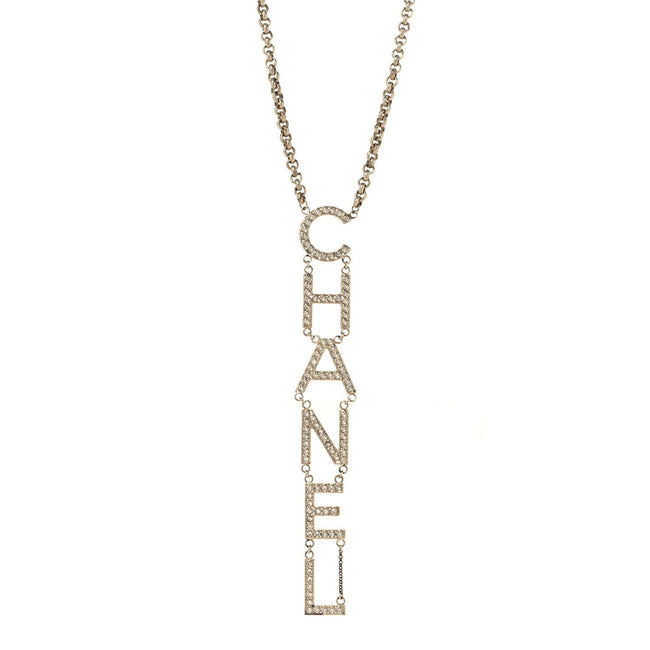 Metal Crystal Cha-Nel Logo Necklace Gold Hover Image