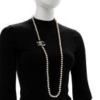 Pearl Crystal Lambskin CC Long Necklace Gold Black