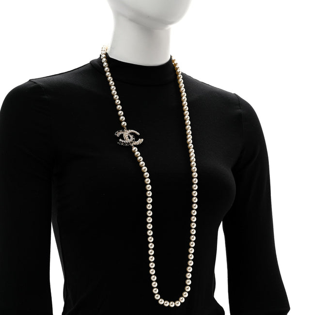 Pearl Crystal Lambskin CC Long Necklace Gold Black Main Image