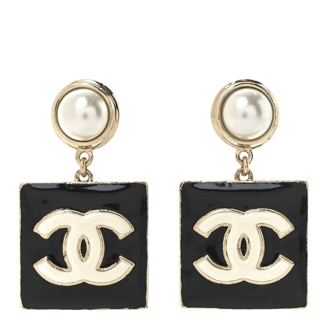 Metal Resin Pearl CC Drop Earrings Gold Black White Hover Image