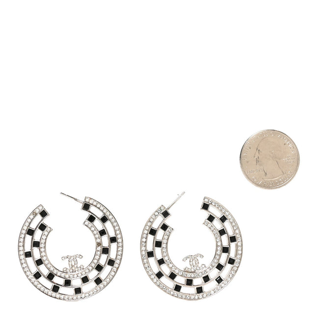 Baguette Crystal CC Hoop Earrings Silver Black Main Image
