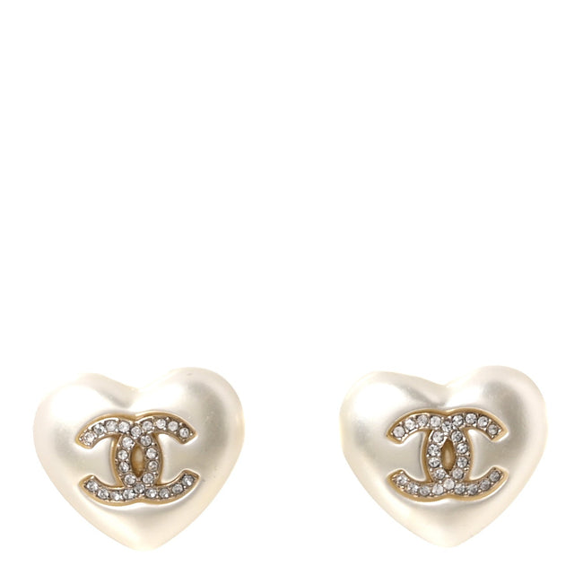 Pearl Crystal CC Heart Earrings Gold Hover Image