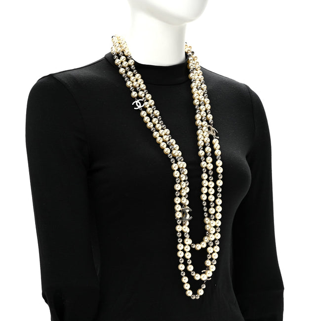 Pearl CC Multi Strand Long Necklace Silver Pearly White Grey Main Image
