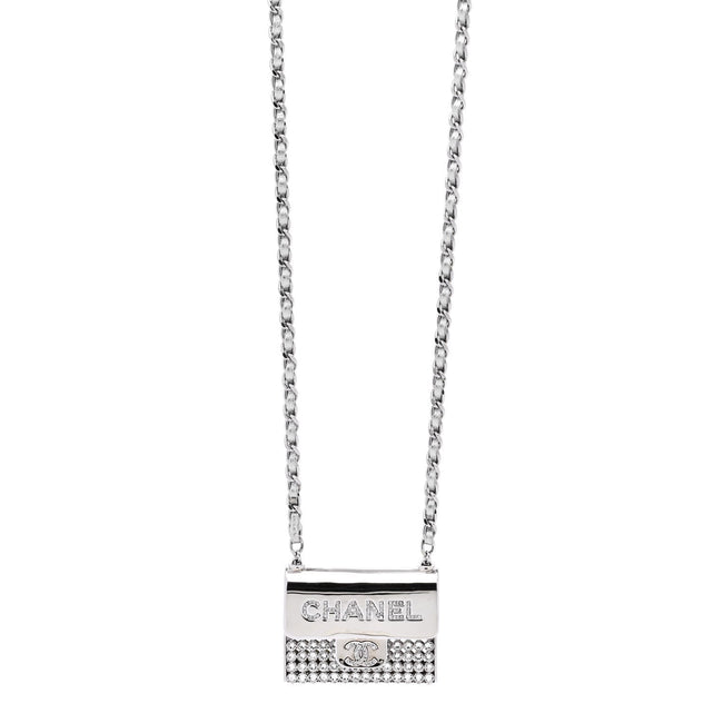 Metal Lambskin Strass Crystal Purse CC Long Necklace Silver Hover Image