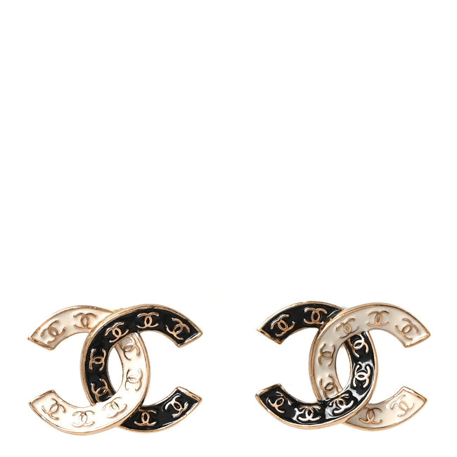 Enamel CC Logo Earrings Gold Black White Hover Image