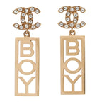 Metal Crystal CC Boy Drop Earrings Gold