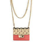 Metal Resin Lambskin Flap Bag Long Necklace Gold Pink