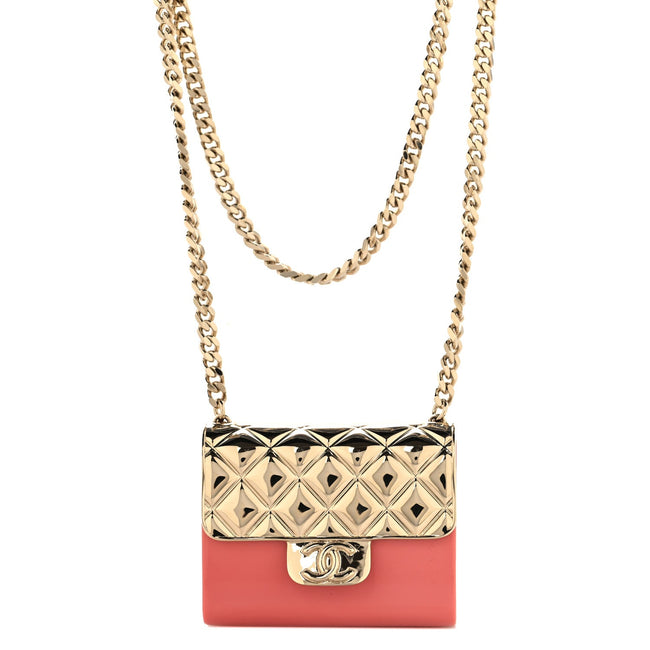 Metal Resin Lambskin Flap Bag Long Necklace Gold Pink Hover Image