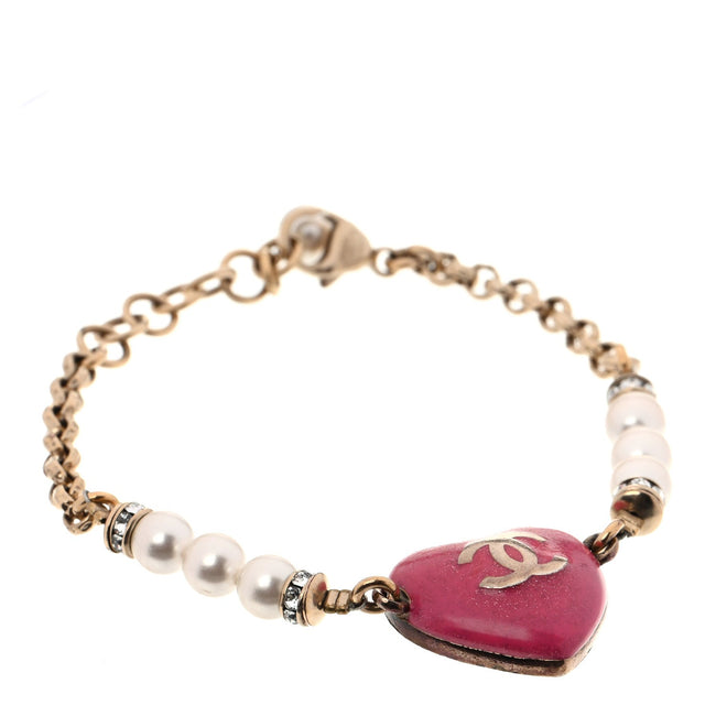 Resin Crystal Pearl Chain Heart CC Bracelet Pink White Gold Hover Image