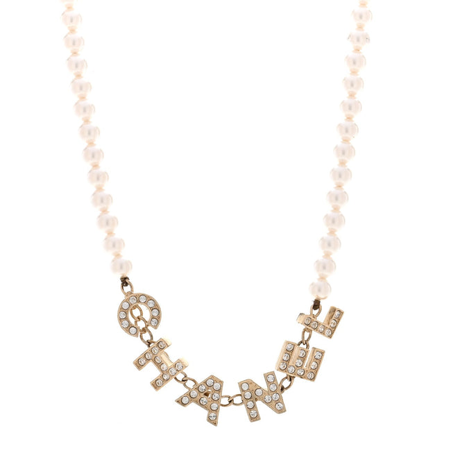Pearl Crystal CC Logo Choker Necklace Gold Hover Image