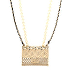 Metal Lambskin Pearl Chain Flap Bag Long Necklace Gold Black Pearly White