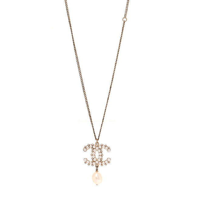 Crystal Pearl CC Drop Necklace Gold Hover Image