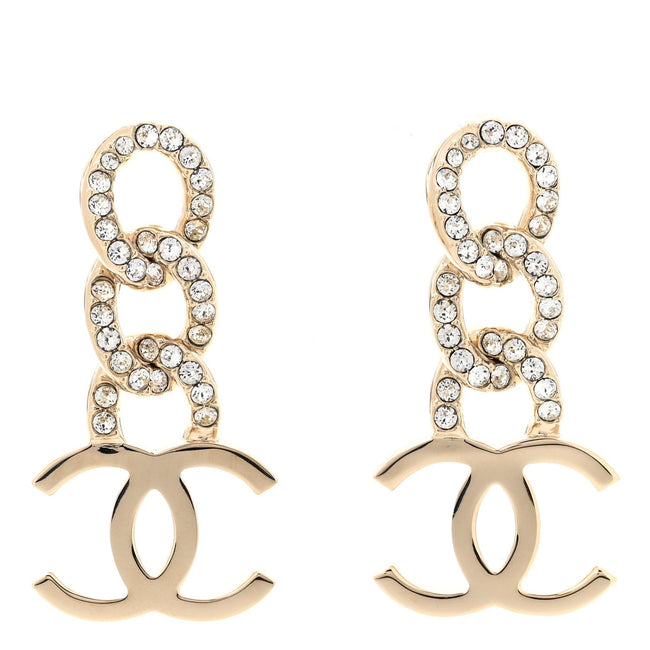 Metal Crystal CC Chain Drop Earrings Light Gold Hover Image
