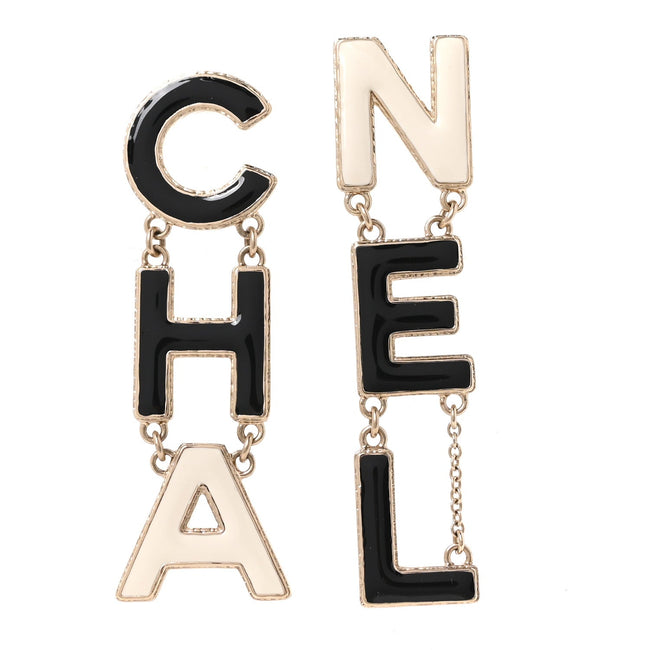Metal Enamel Cha-Nel Logo Drop Earrings Black White Hover Image