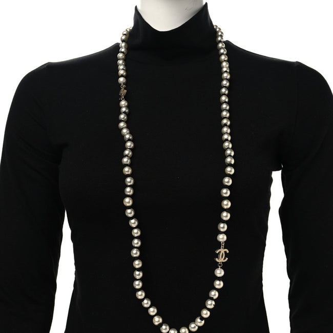 Pearl Grosgrain CC Long Necklace Gold Main Image