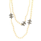 Graduated Pearl Crystal CC Long Necklace Gold Black