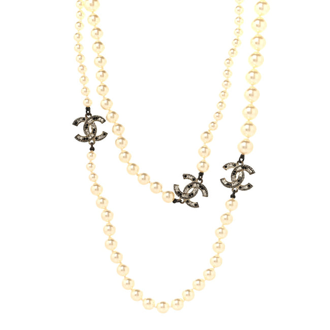Graduated Pearl Crystal CC Long Necklace Gold Black Hover Image