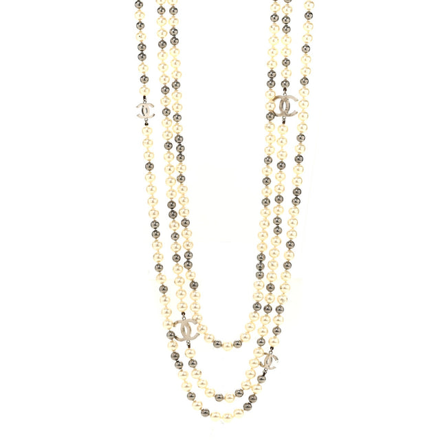 Pearl CC Multi Strand Long Necklace Silver Pearly White Grey Hover Image