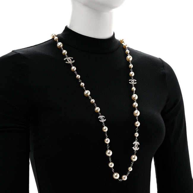 Graduated Pearl Crystal CC Long Necklace Silver Main Image