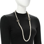 Crystal Pearl CC Long Necklace Gold