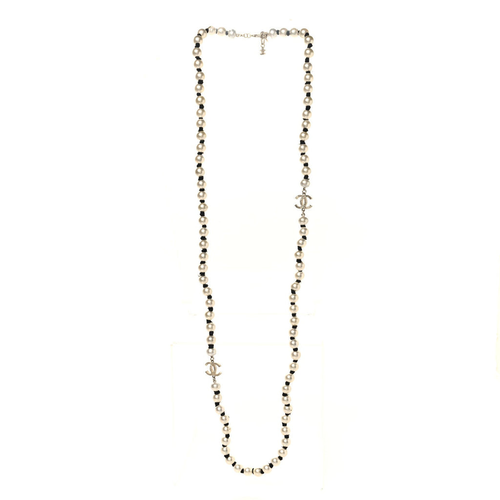 Pearl Grosgrain CC Long Necklace Gold
