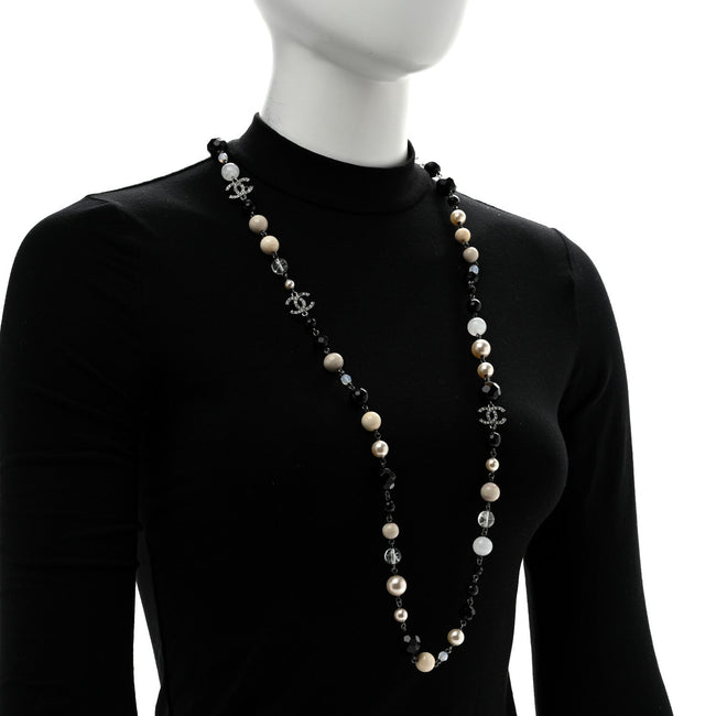 Pearl Crystal Bead CC Long Necklace Black Silver Main Image