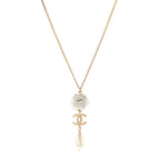 Metal Crystal Pearl 90s Camellia CC Drop Necklace Gold Pearly White