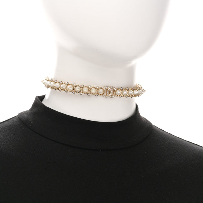 Spike Pearl Crystal CC Choker Necklace Gold Pearly White Main Image