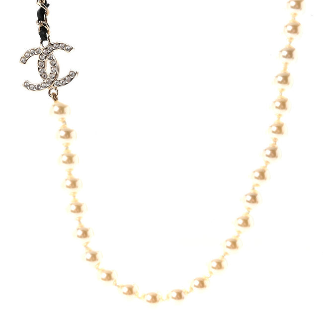 Lambskin Pearl Crystal CC Short Necklace Gold White Black Hover Image