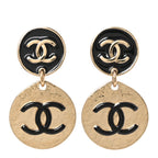 Enamel CC Disc Drop Earrings Gold Black