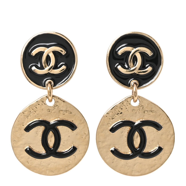 Enamel CC Disc Drop Earrings Gold Black Hover Image